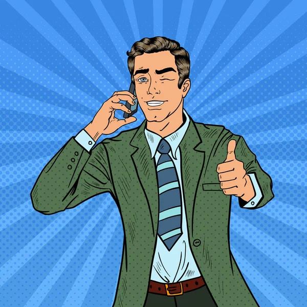 Popart zakenman praten aan de telefoon en grote gebaren. Vectorillustratie — Stockvector