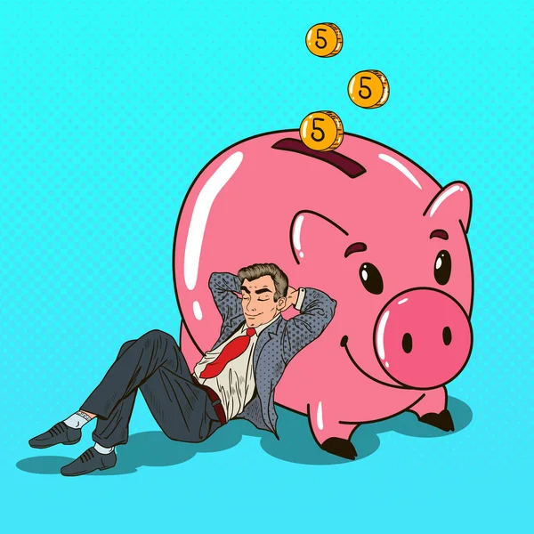 Pop Art Happy Businessman Sleeping near Piggy with Fallen Down Money. Vector illustration — Stock Vector