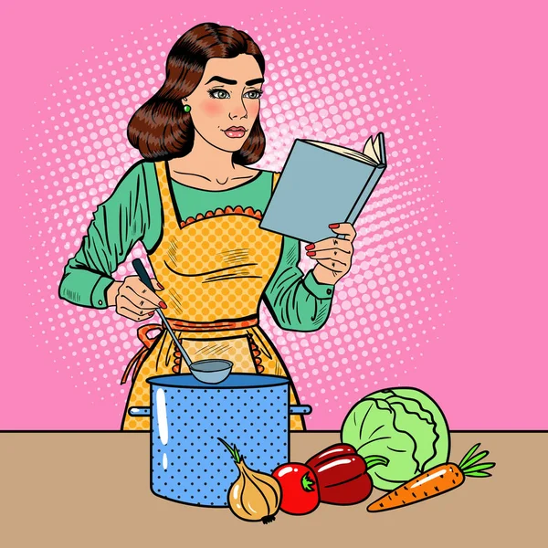 Pop Art Beautiful Housewife Cooking Soup in the Kitchen with Book of Recipes. Vector illustration — Stock Vector