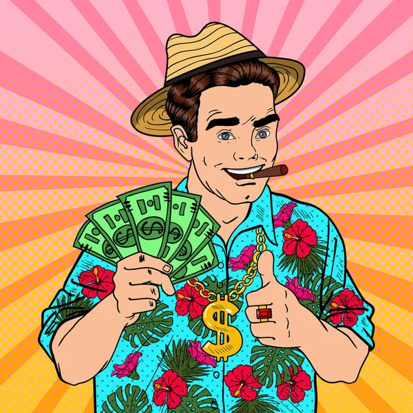 Богач поп-арта с долларовыми банкнотами и сигарой в тропическом отпуске. Векторная иллюстрация — стоковый вектор