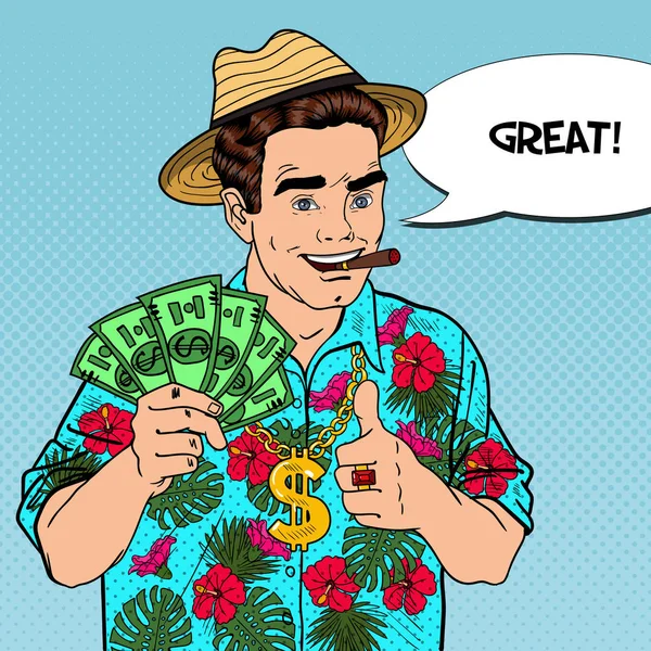 Pop Art uomo ricco con banconote dollaro e sigaro in vacanza tropicale. Illustrazione vettoriale — Vettoriale Stock