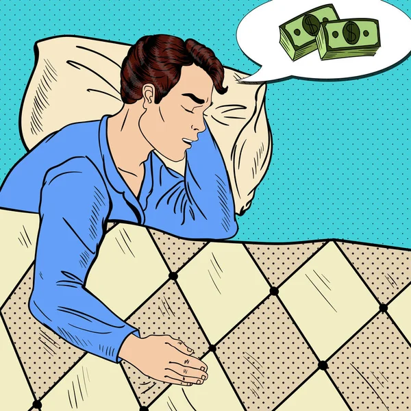 Pop Art Mann schläft im Bett und träumt vom Geld. Vektorillustration — Stockvektor