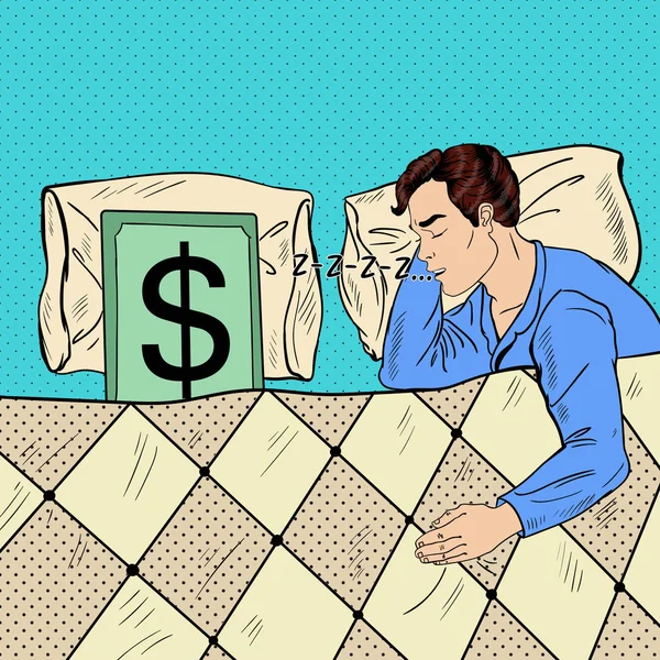 Pop Art adam Doları banknot ile yatakta uyuyor. Vektör çizim — Stok Vektör