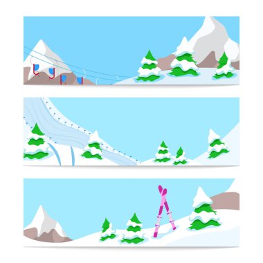 Winter Holidays Skiing Horizontal Banners Template with Snow Downhill and Mountains. Vector background clipart