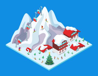 İzometrik Ski Resort Hotel binalar, karlı dağlar ve Asansör ile. 3D düz illüstrasyon vektör