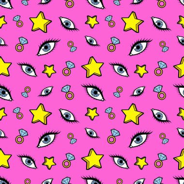 Yıldız elmas ve gözleri Seamless modeli. Moda arka planda Retro çizgi roman tarzı. Vektör çizim