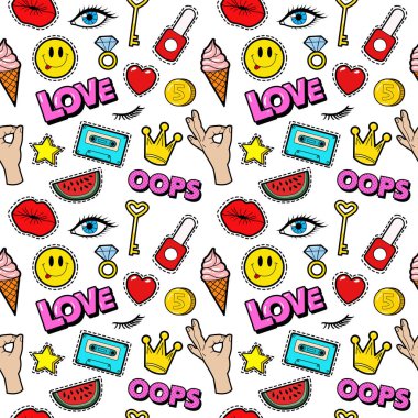 Dudaklar gözleri ve takı Seamless modeli. Moda arka planda Retro çizgi roman tarzı. Vektör çizim