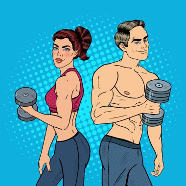 Pop Art atletik erkek ve kadın Dumbbells ile egzersiz. Vektör çizim