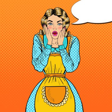 Pop Art sürpriz ev kadını. Önlük şok genç güzel kadın. Vektör çizim