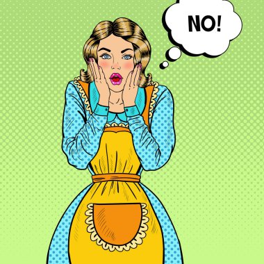 Pop Art sürpriz ev kadını. Önlük şok genç güzel kadın. Vektör çizim