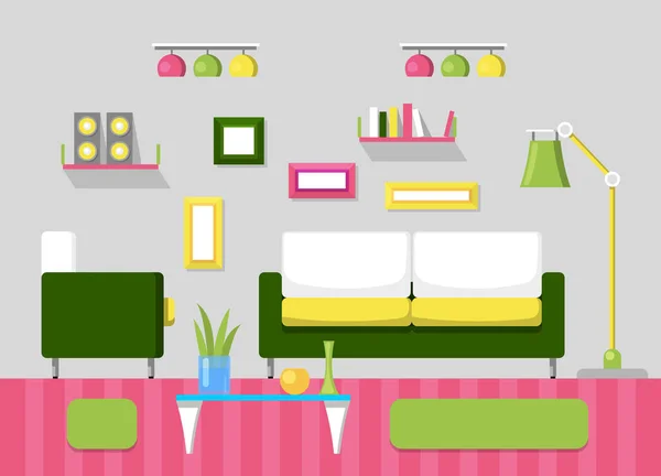 Moderno salón interior con sofá, estantes de libros y lámparas. Habitación de diseño con muebles. Ilustración vectorial — Vector de stock