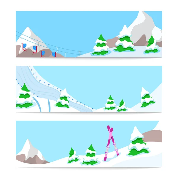 Vacaciones de invierno Esquí Plantilla de banners horizontales con nieve cuesta abajo y montañas. Fondo vectorial — Archivo Imágenes Vectoriales