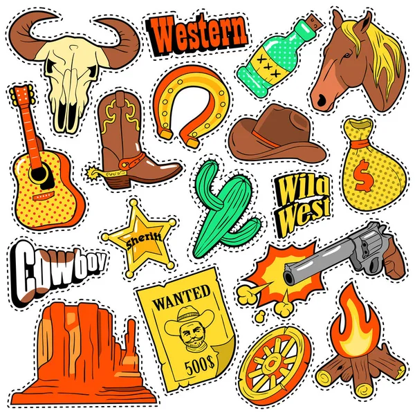 Wild West Texas Western Badges, Patches, Adesivos com Cowboy, Cavalo, Arma e Xerife. Vector Doodle —  Vetores de Stock