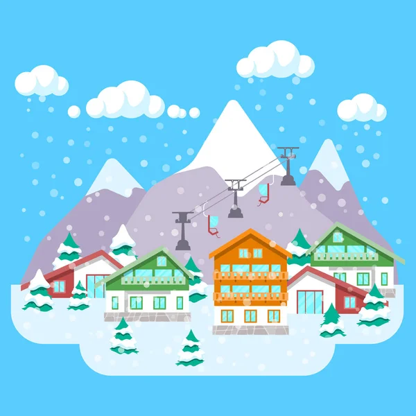 Estación de Esquí de Montaña con Paisaje Invernal, Hoteles y Ascensor. Fondo vectorial — Vector de stock