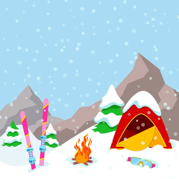 Χειμερινό στρατόπεδο ορεινό τοπίο με τέντα, τζάκι και εξοπλισμό σκι. Διάνυσμα φόντο — Διανυσματικό Αρχείο