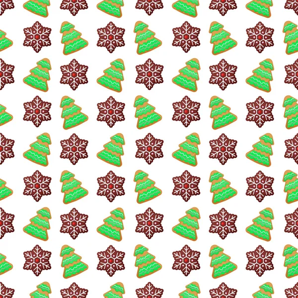 Vrolijke Kerstmis en gelukkig Nieuwjaar naadloze patroon met kerstkoekjes. Wintervakantie inpakpapier. Vector achtergrond — Stockvector