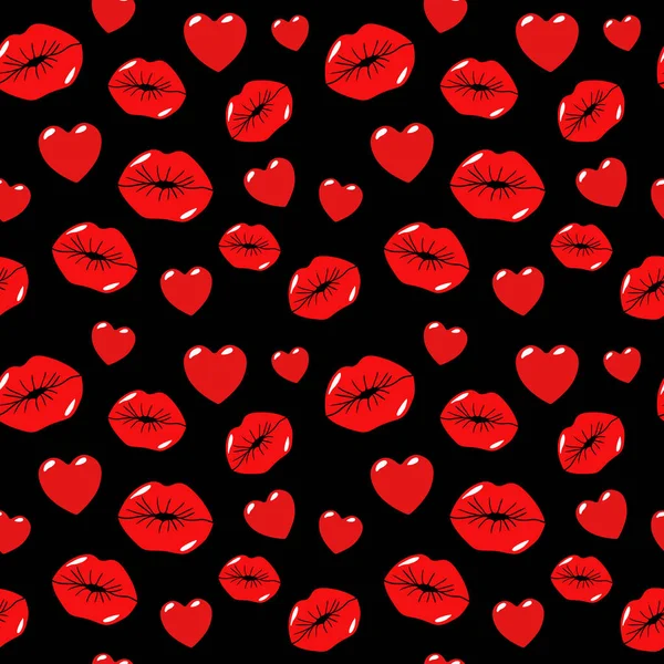 Embrasser les lèvres et motif sans couture coeur. Fond d'amour dans le style de mode rétro. Illustration vectorielle — Image vectorielle