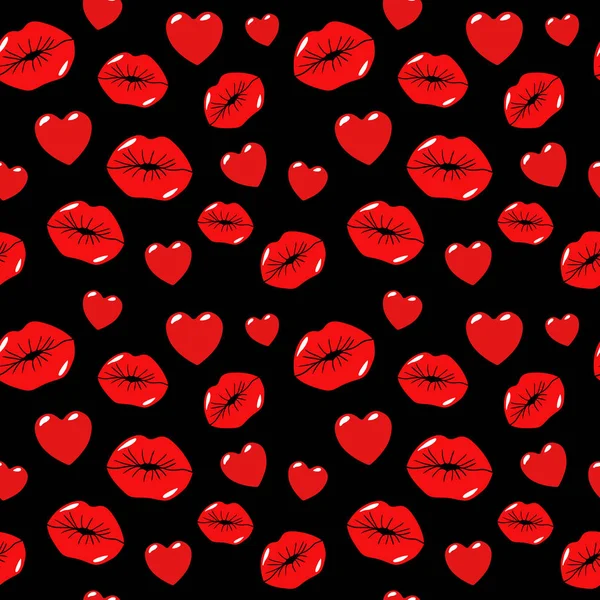 Beso de labios y patrón sin costuras del corazón. Antecedentes de amor en estilo retro moda. Ilustración vectorial — Vector de stock