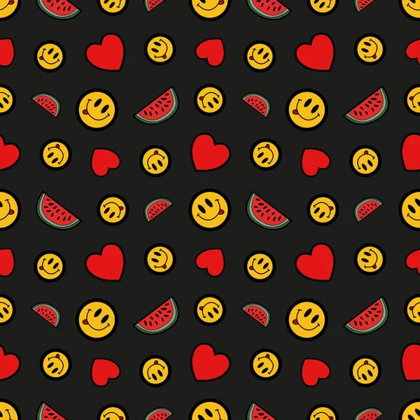 Hearts a mosoly és a görögdinnye Seamless Pattern. Divat háttér Retro képregény stílusban. Vektoros illusztráció — Stock Vector