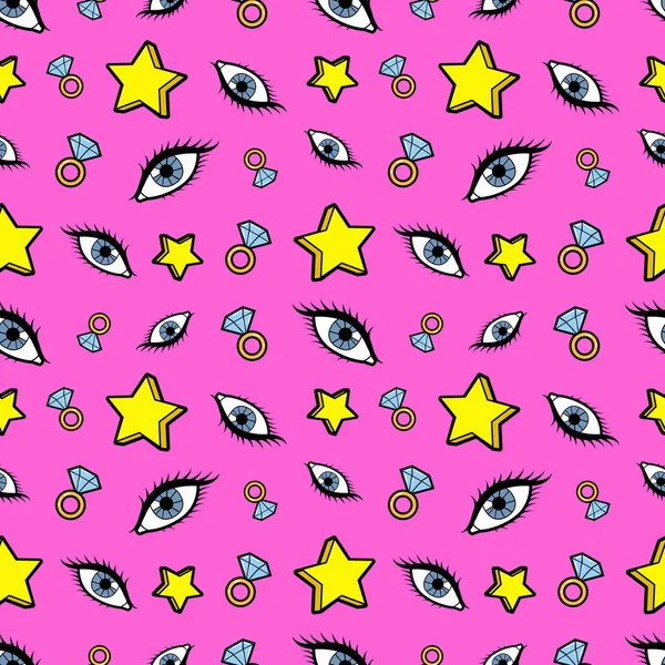Csillagok Diamonds és a szemek Seamless Pattern. Divat háttér Retro képregény stílusban. Vektoros illusztráció — Stock Vector