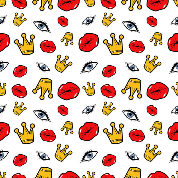 Lips Eyes and Crowns Seamless Pattern. Fashion Background in Retro Comic Style. Vector illustration