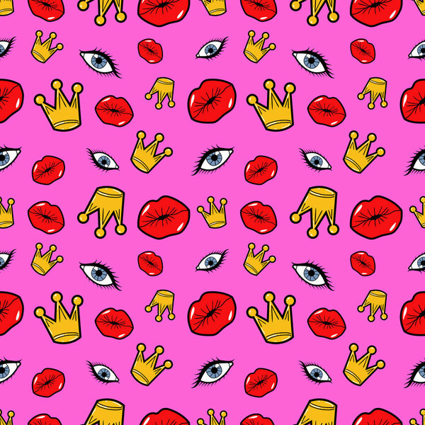 Губы глаза и короны бесшовный узор. Фон моды в стиле ретро-комикс. Векторная иллюстрация
