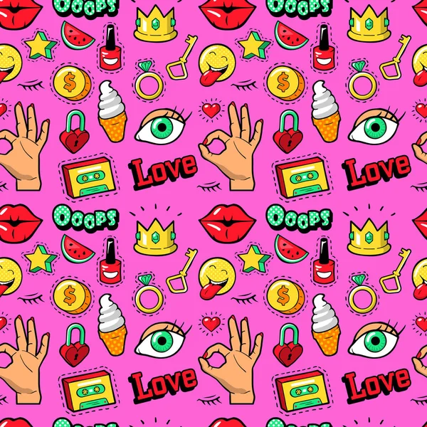 Labios Manos Cosméticos y Emoticonos Patrón sin costuras. Antecedentes de moda en estilo cómic retro. Ilustración vectorial — Vector de stock