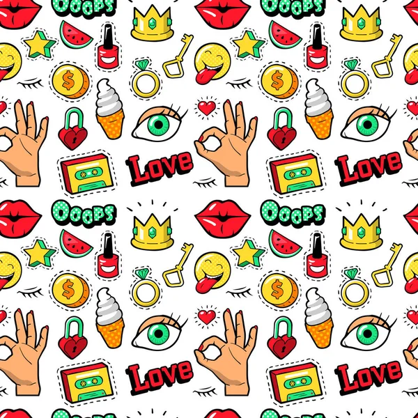 Labios Manos Cosméticos y Emoticonos Patrón sin costuras. Antecedentes de moda en estilo cómic retro. Ilustración vectorial — Vector de stock