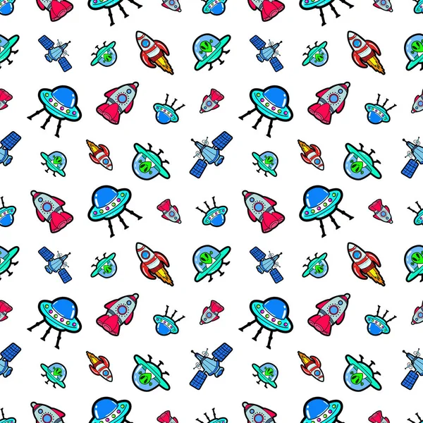 Navires spatiaux Rocket et Satellite Seamless Pattern. Fond vectoriel avec extraterrestres et navires OVNI — Image vectorielle