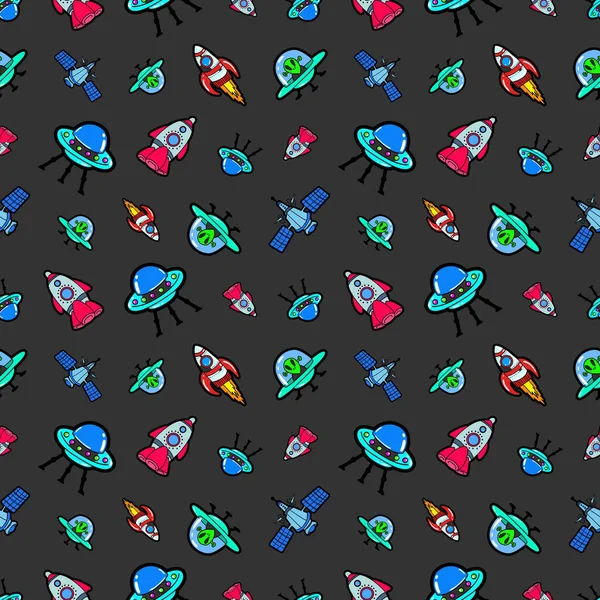 宇宙船のロケット、衛星のシームレスなパターン。エイリアンと Ufo 船のベクトルの背景 — ストックベクタ