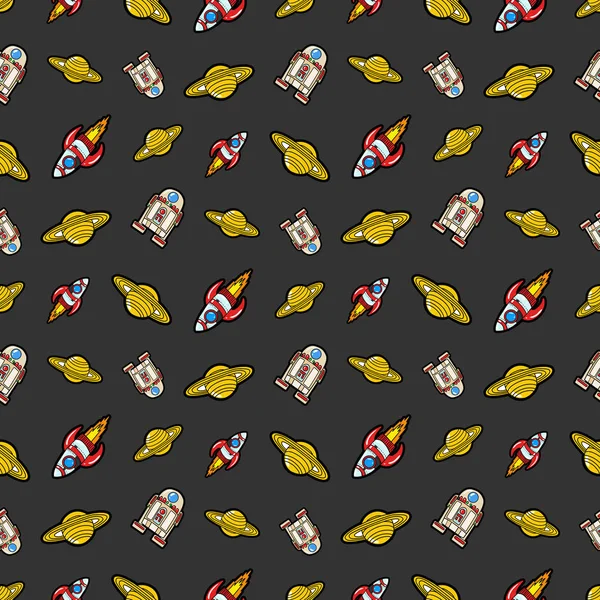 Space Rocket Robots and Saturn Seamless Pattern. Vector background