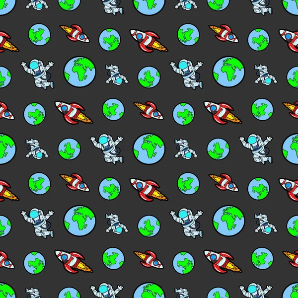 宇宙ロケットの宇宙飛行士と地球のシームレスなパターン。ベクトルの背景 — ストックベクタ