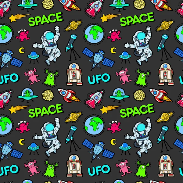 Space Rocket Cosmonaut Planets and UFO Aliens Seamless Pattern. Vector background — Stock Vector
