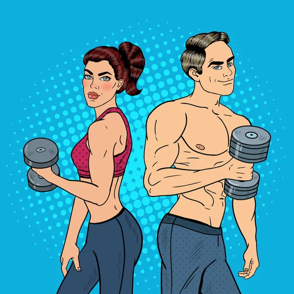 Поп-арт Атлетик Мужчина и Женщина Упражнения с гантелями. Векторная иллюстрация — стоковый вектор