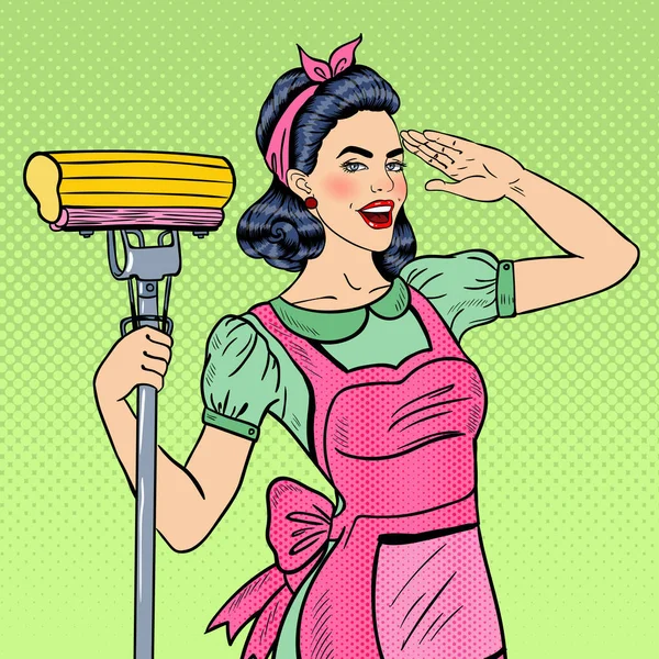 Pop Art Young Confident Housewife Woman Cleaning House with Mop. Vector illustration — Stock Vector