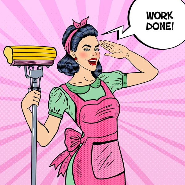 Pop sztuki Młodzi pewni gospodyni kobieta sprzątanie domu z Mop. Ilustracja wektorowa — Wektor stockowy