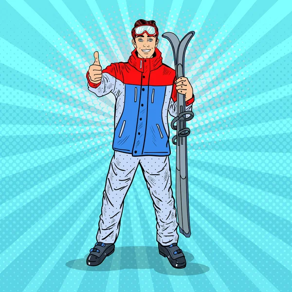 Pop Art mutlu genç adam Kayak el başparmak kadar tatil. Vektör çizim