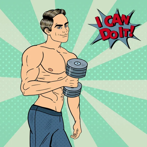 Поп-арт Атлетик Сильный Человек Упражнения с гантелями. Векторная иллюстрация — стоковый вектор