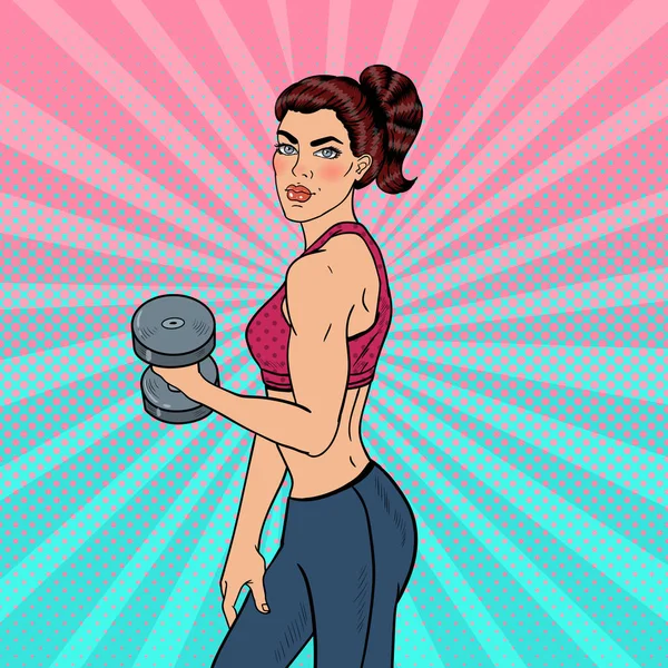 Pop Art Athletic Strong Woman Ejercicio con sombrillas. Ilustración vectorial — Archivo Imágenes Vectoriales