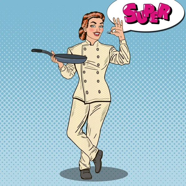 Pop Art Chef Mujer sonriente en uniforme con Pan Mostrando OK Hand Sign. Ilustración vectorial — Vector de stock