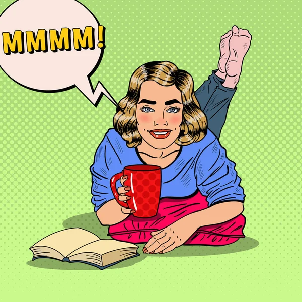 Pop Art νεαρό χαμογελαστό γυναίκα πίνοντας τον καφέ και την ανάγνωση του βιβλίου. Εικονογράφηση διάνυσμα — Διανυσματικό Αρχείο