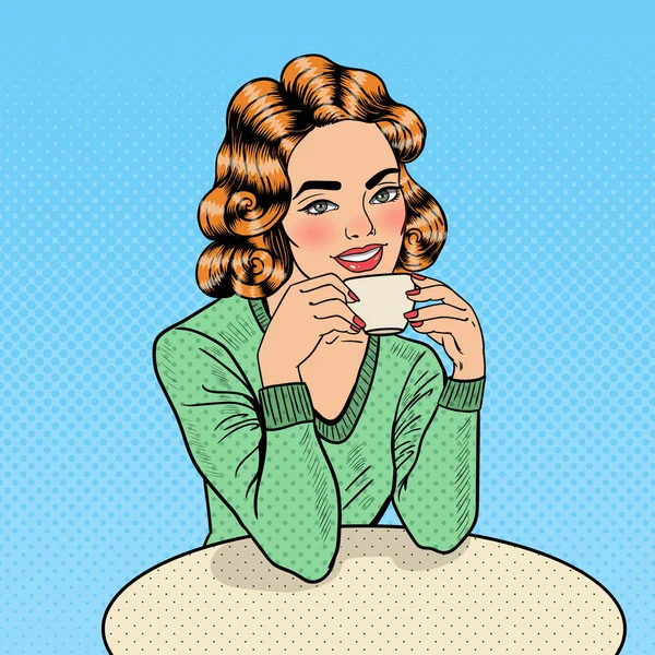 Pop Art Young Beautiful Woman Drinking Coffee in Cafe. Vector illustration — Stock Vector