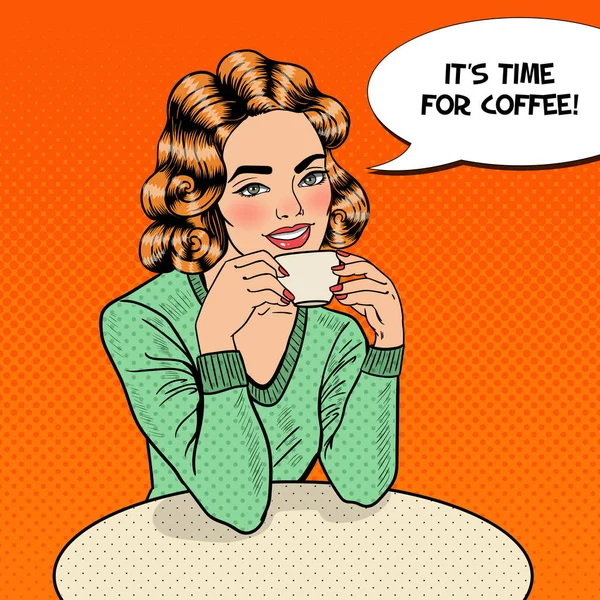 Pop Art Joven Mujer Hermosa Beber Café en Café. Ilustración vectorial — Vector de stock