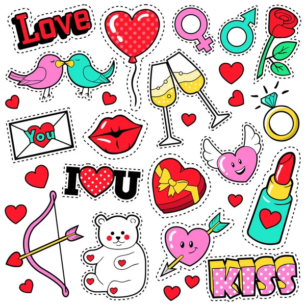 Fashion Love Badges Set with Patches, Stickers, Lips, Hearts, Kiss, Lipstick in Pop Art Comic Style. Vector illustration — Stock Vector