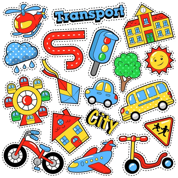 Kids Fashion Badges, Patches, Stickers in Comic Style Education City Transport Theme with Bicycle, Cars and Bus. Vector Retro Background Stock Illustration