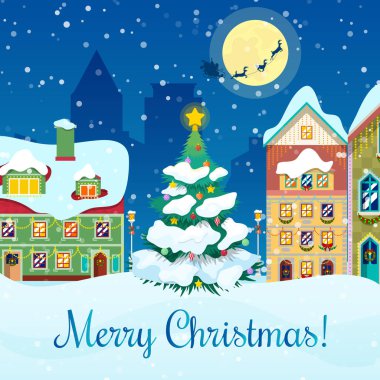 Neşeli Noel Cityscape kar yağışı, Noel ağacı ve Reindeers tebrik kartı vektör arka plan ile Santa ile