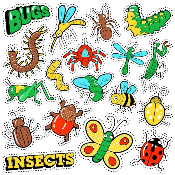 Bugs et insectes Patchs, Stickers, Badges Set pour Impressions et Textiles. Doodle vectoriel dans le style BD — Image vectorielle