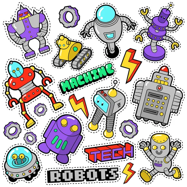 Robots y máquinas Pegatinas, insignias, parches establecidos en estilo retro cómic para grabados y textiles. Garabato vectorial — Archivo Imágenes Vectoriales
