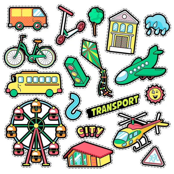 Детские значки моды, пластыри, стикеры в комическом стиле, городской транспорт с велосипедом, Мбаппе и Озил. Векторный ретро-фон — стоковый вектор