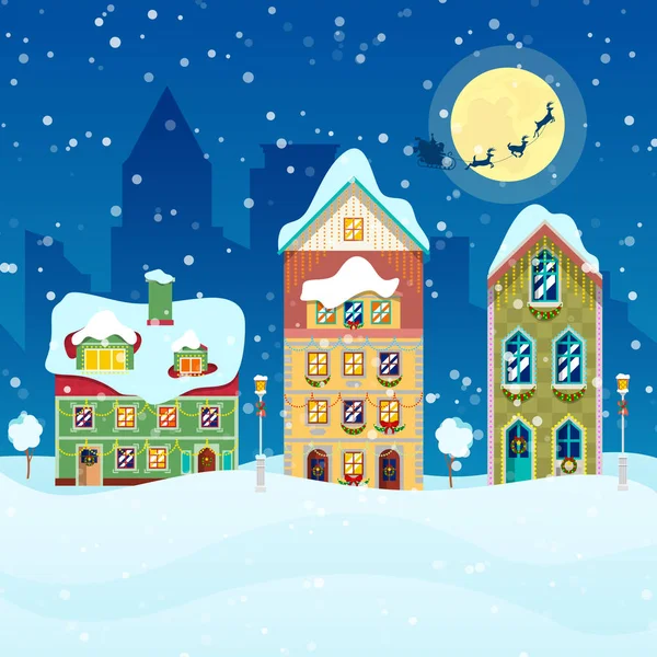 Merry Christmas stadsbilden med snöfall, hus och Santa med renar hälsning Card. vektor bakgrund — Stock vektor